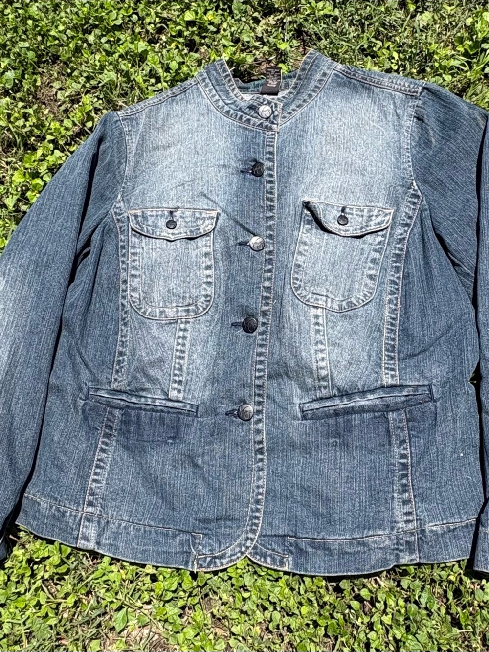 Lane Bryant Faded Blue Jean Jacket with Band Collar